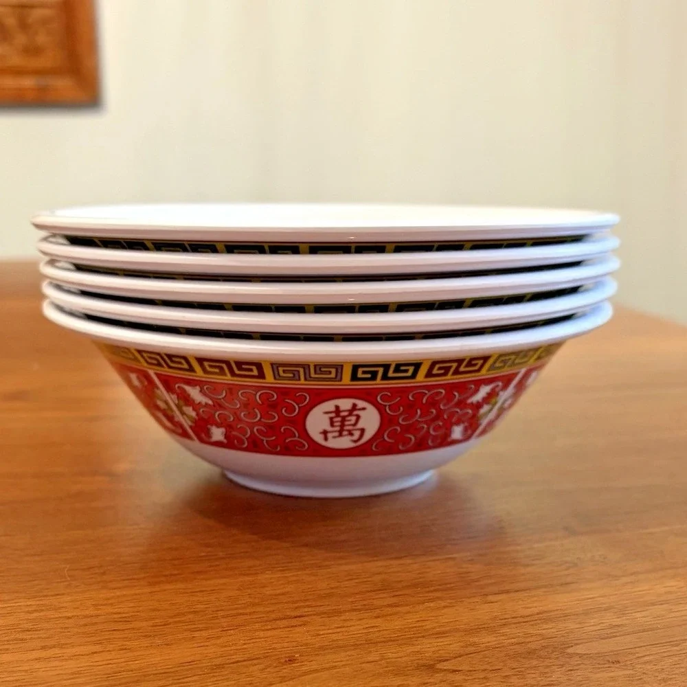 Tar-Hong Melamine Ramen Bowls 7in Red White Chinese Style Set of 5 5107